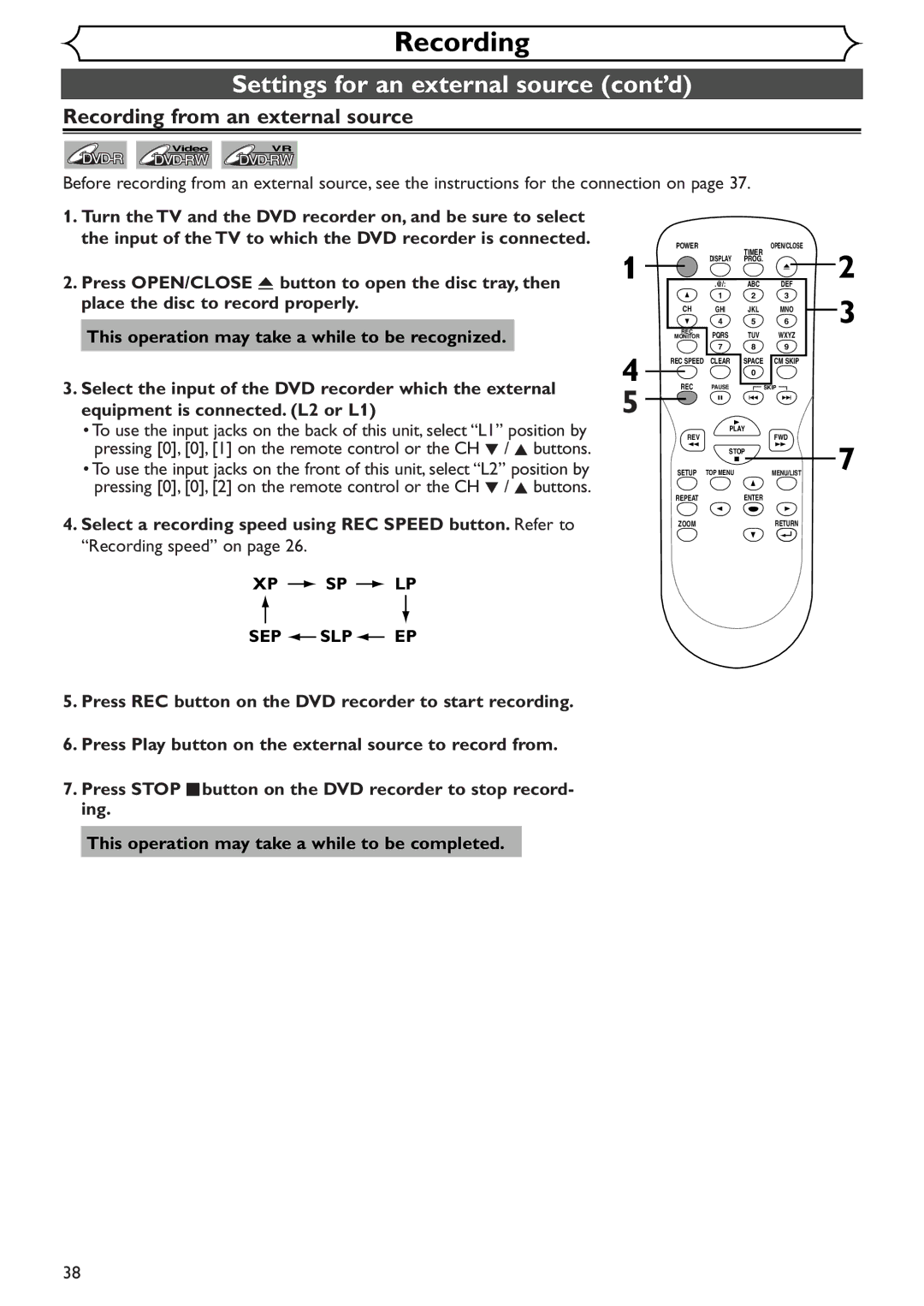 Emerson EWR10D4 Settings for an external source cont’d, Recording from an external source, Recording speed on, Xp Sp Lp 