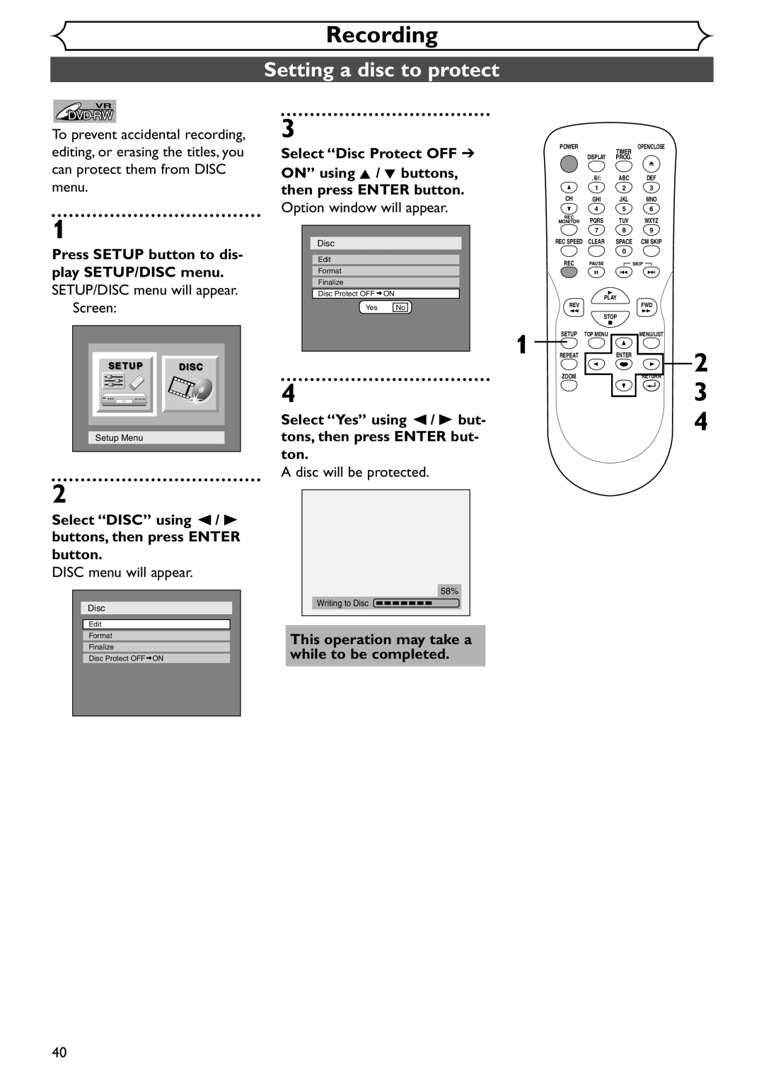 Emerson EWR10D4 Setting a disc to protect, Select Disc Protect OFF, On using K / L buttons, Disc will be protected 