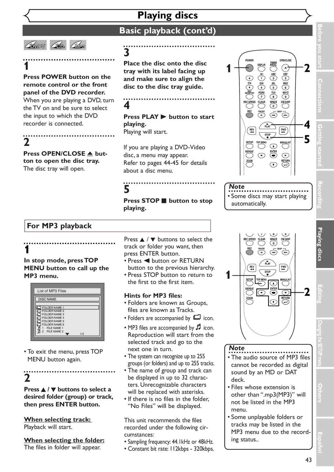 Emerson EWR10D4 owner manual Basic playback cont’d, For MP3 playback 