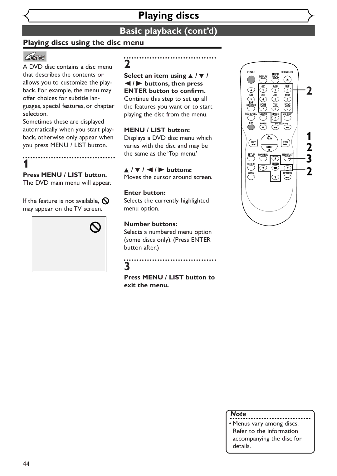 Emerson EWR10D4 owner manual Playing discs using the disc menu, Press Menu / List button, B buttons 