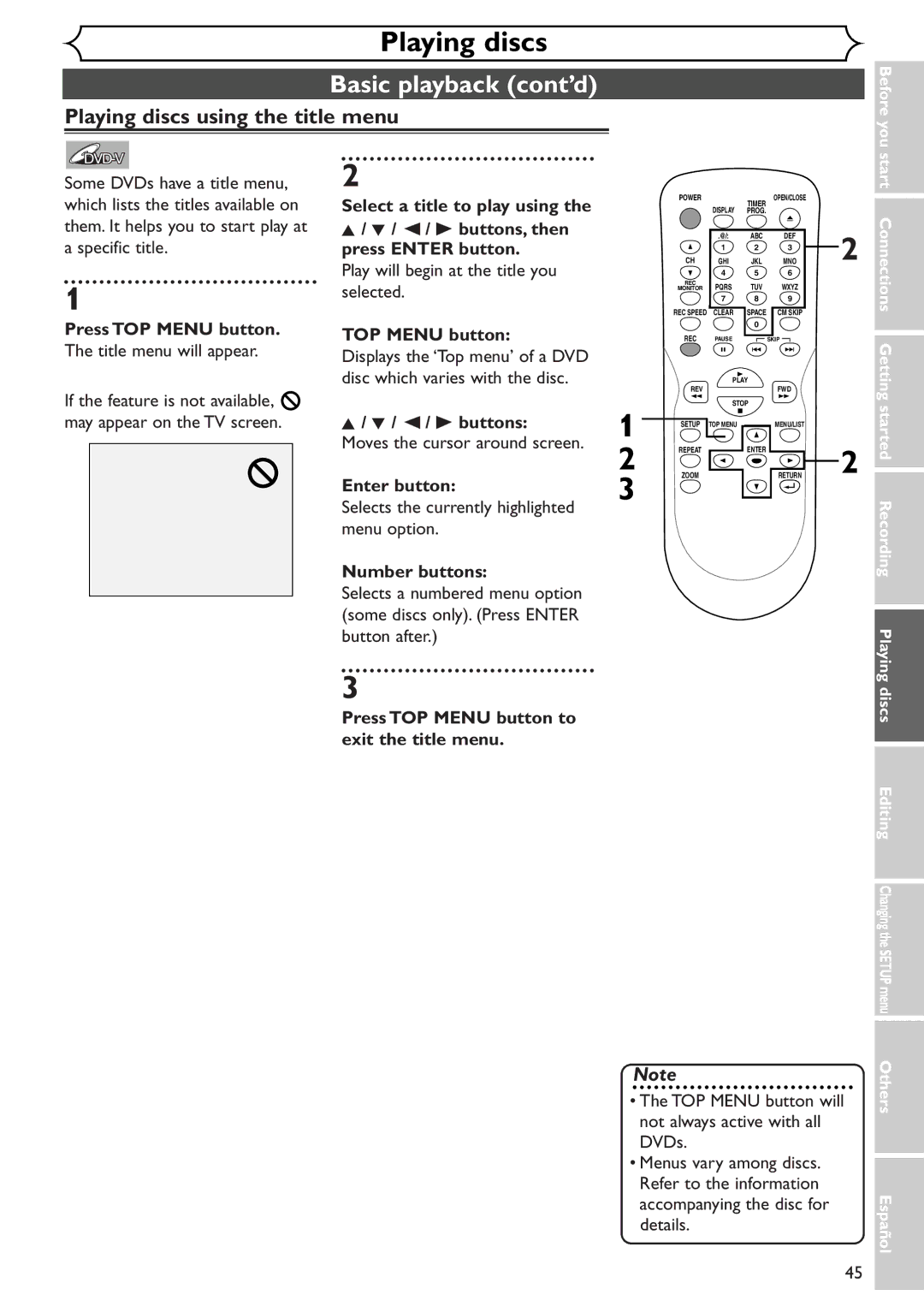 Emerson EWR10D4 owner manual Playing discs using the title menu, Press TOP Menu button to exit the title menu 