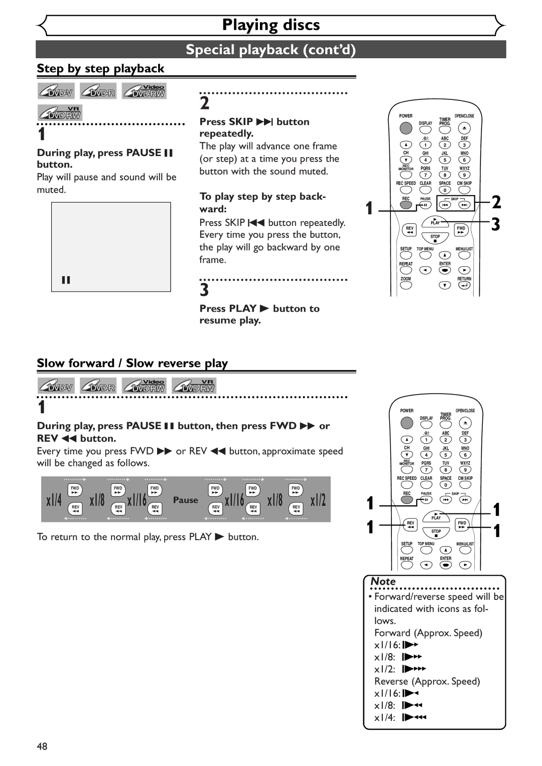 Emerson EWR10D4 owner manual Step by step playback, Slow forward / Slow reverse play 