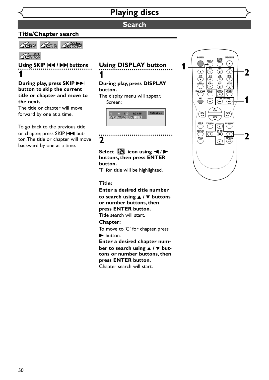 Emerson EWR10D4 owner manual Search, Title/Chapter search, Using Skip H / G buttons, Using Display button 