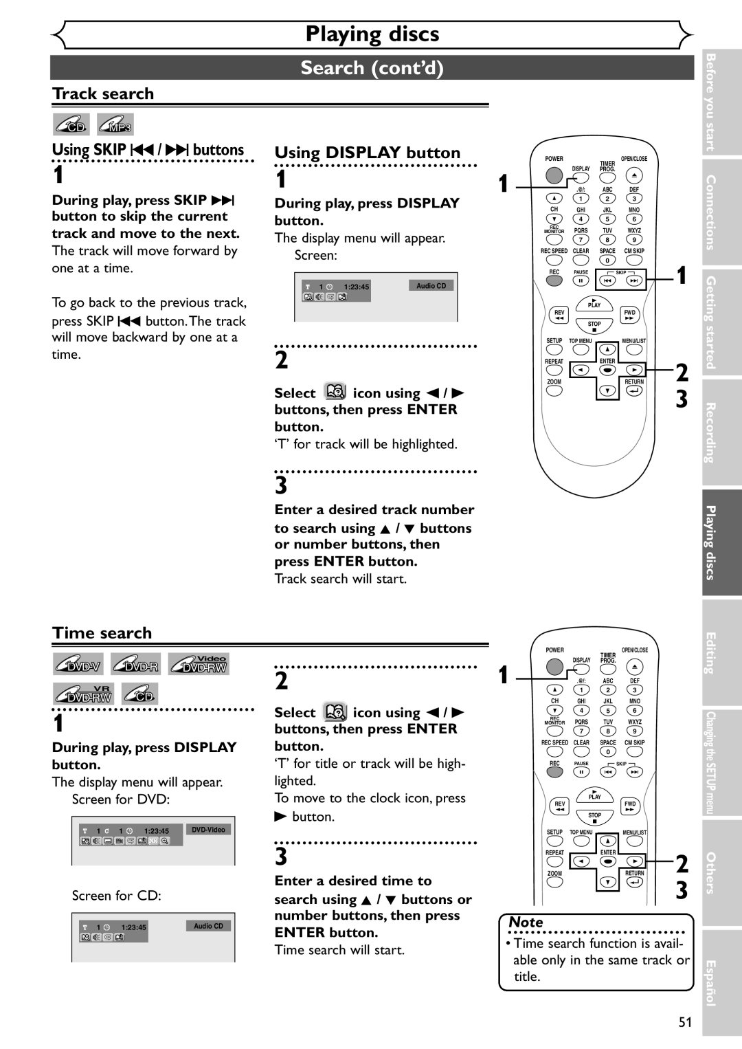 Emerson EWR10D4 owner manual Search cont’d, Track search, Time search, Able only in the same track or, Title 