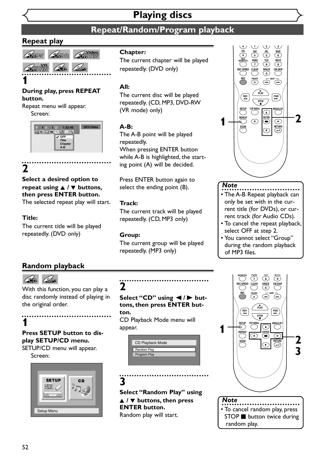 Emerson EWR10D4 owner manual Repeat/Random/Program playback, Repeat play, Random playback 