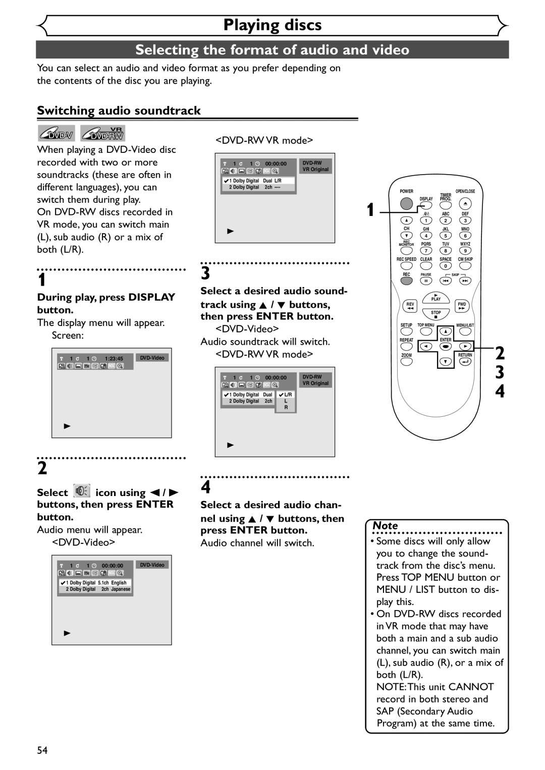 Emerson EWR10D4 owner manual Selecting the format of audio and video, Switching audio soundtrack 