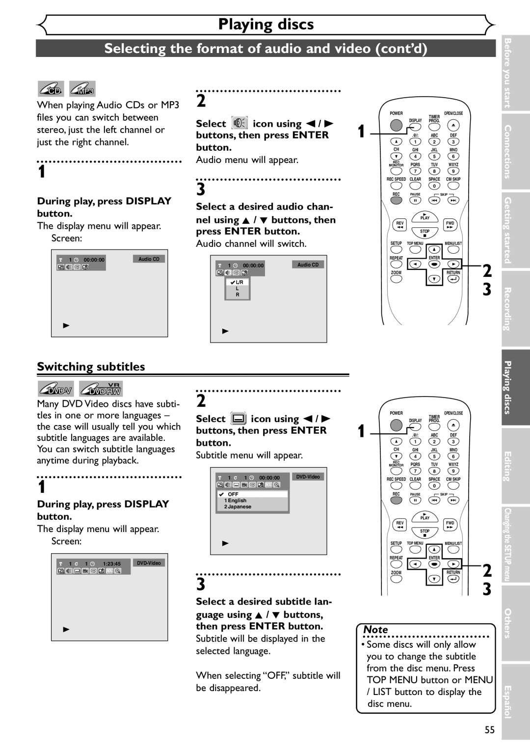 Emerson EWR10D4 owner manual Selecting the format of audio and video cont’d, Switching subtitles, Select Icon using / B 