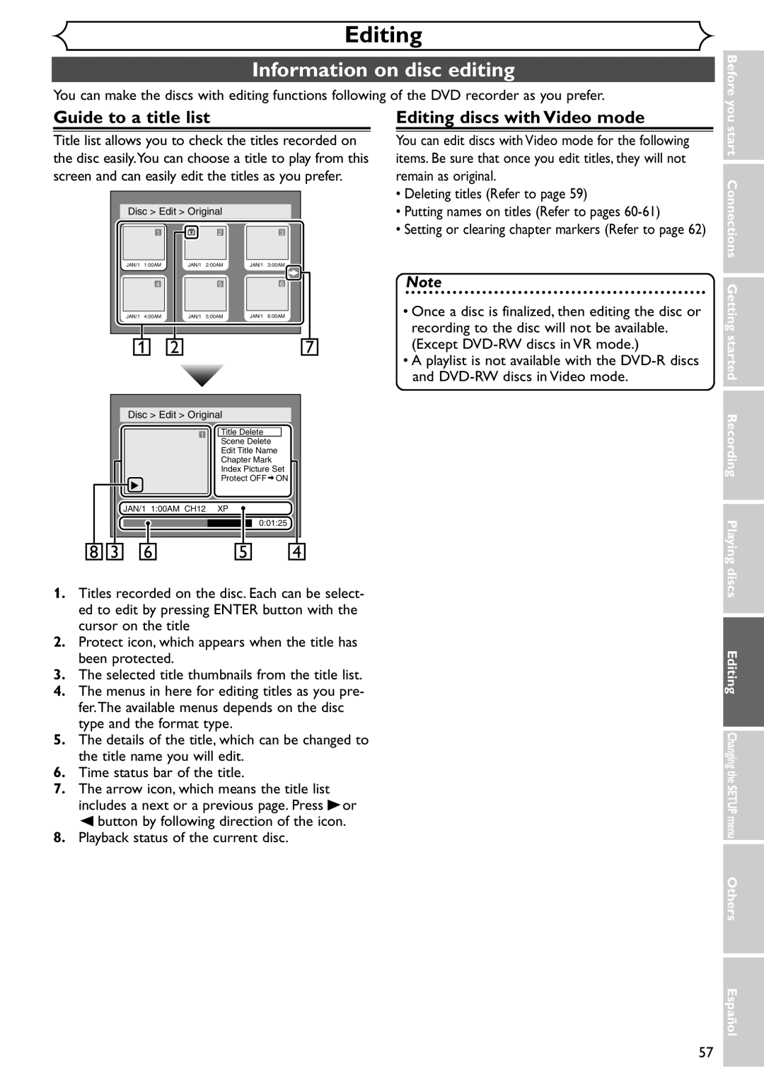 Emerson EWR10D4 owner manual Information on disc editing, Guide to a title list Editing discs with Video mode 