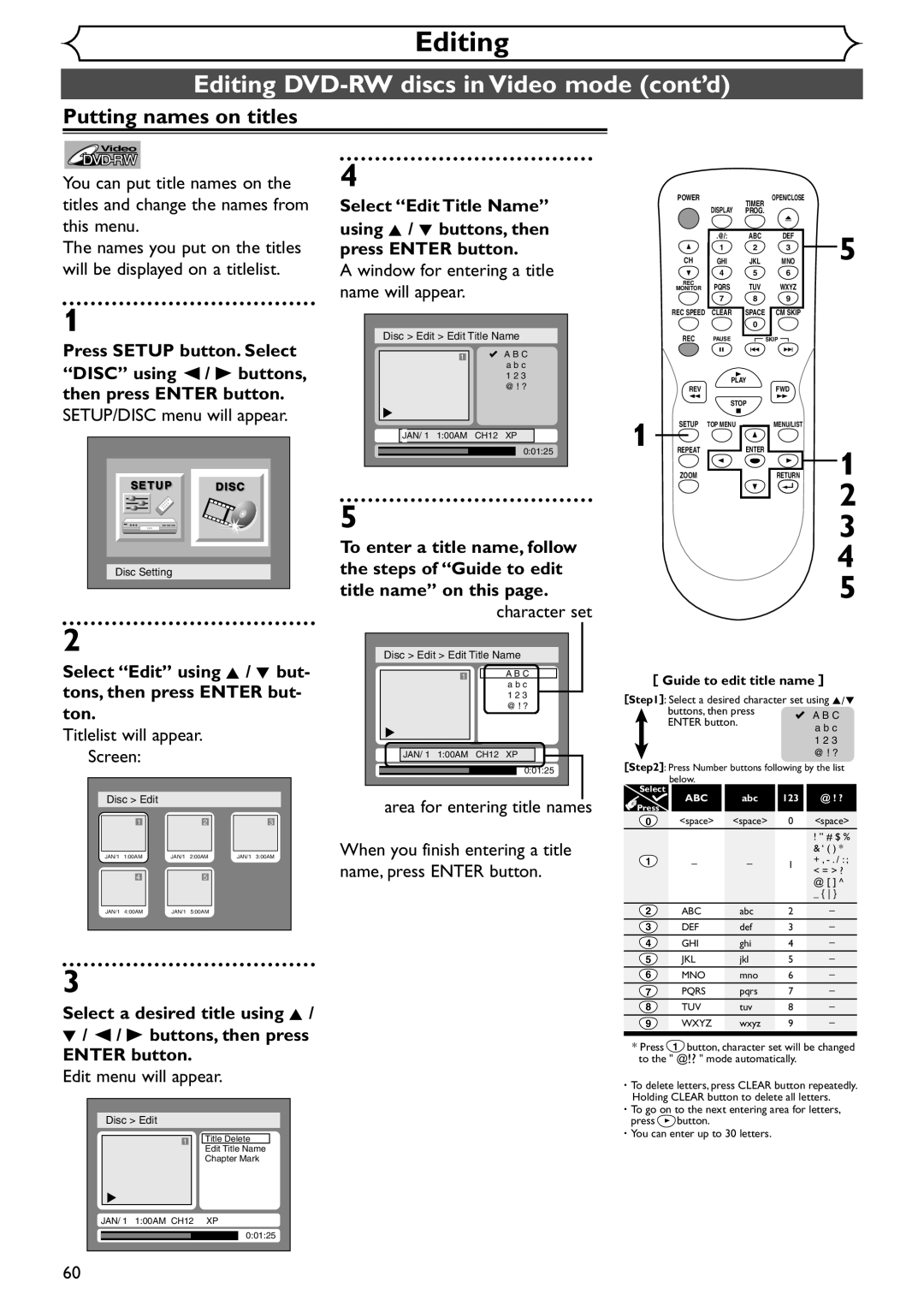 Emerson EWR10D4 owner manual Editing DVD-RW discs in Video mode cont’d, Putting names on titles 