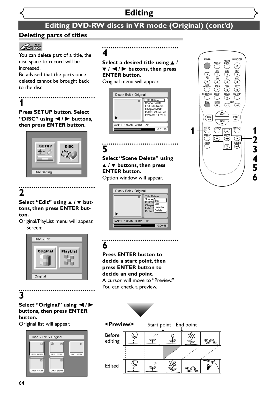 Emerson EWR10D4 Editing DVD-RW discs in VR mode Original cont’d, Deleting parts of titles, Original menu will appear 