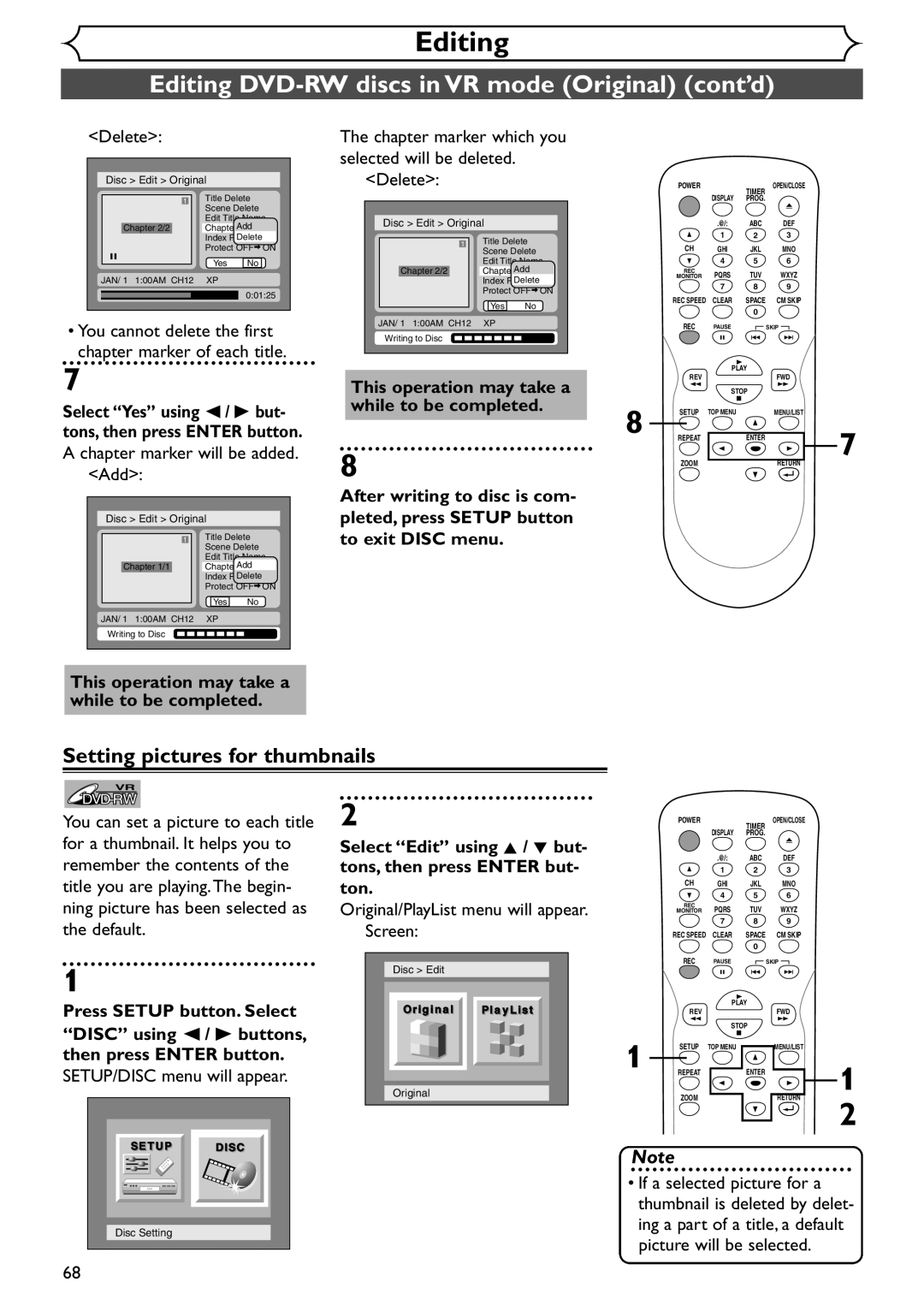 Emerson EWR10D4 owner manual Setting pictures for thumbnails, Delete, Chapter marker will be added. Add 