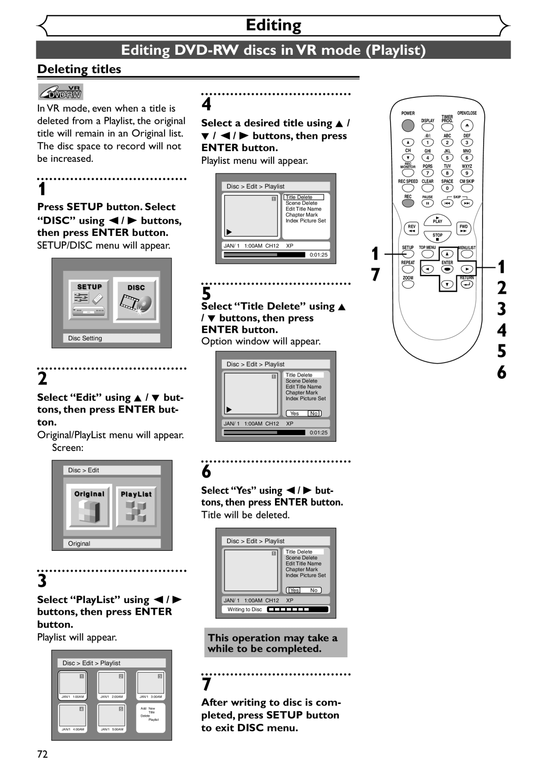 Emerson EWR10D4 Editing DVD-RW discs in VR mode Playlist, Select PlayList using / B buttons, then press Enter button 