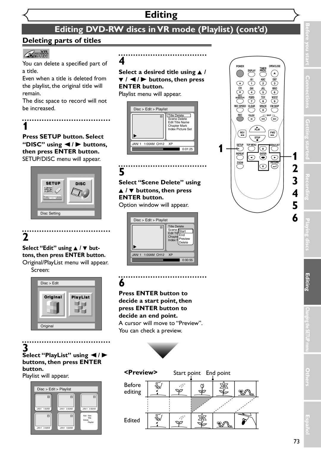 Emerson EWR10D4 owner manual Editing DVD-RW discs in VR mode Playlist cont’d, Playlist menu will appear 