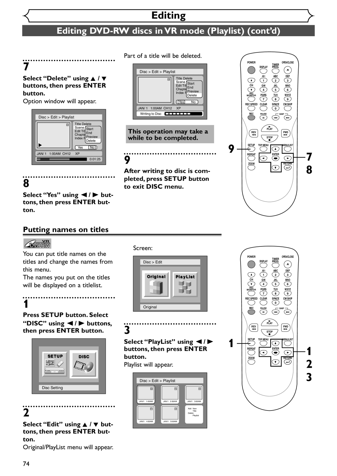 Emerson EWR10D4 Part of a title will be deleted, Select Delete using K / L, Original/PlayList menu will appear Screen 