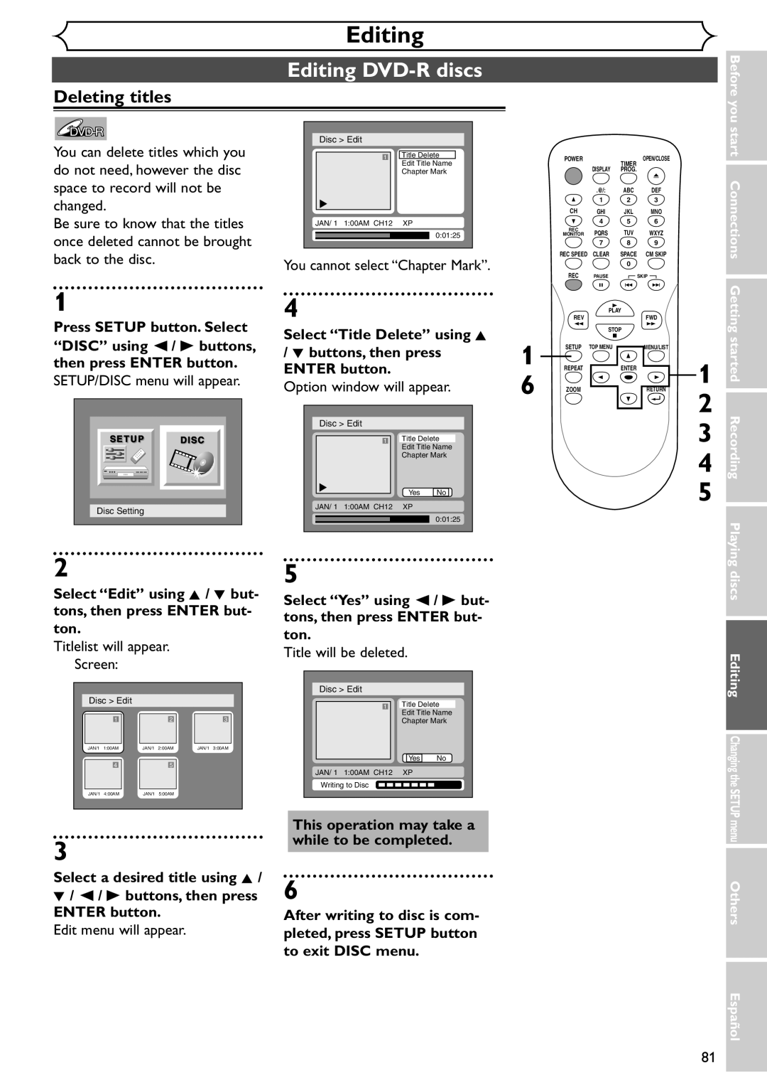 Emerson EWR10D4 owner manual Editing DVD-R discs, You cannot select Chapter Mark 