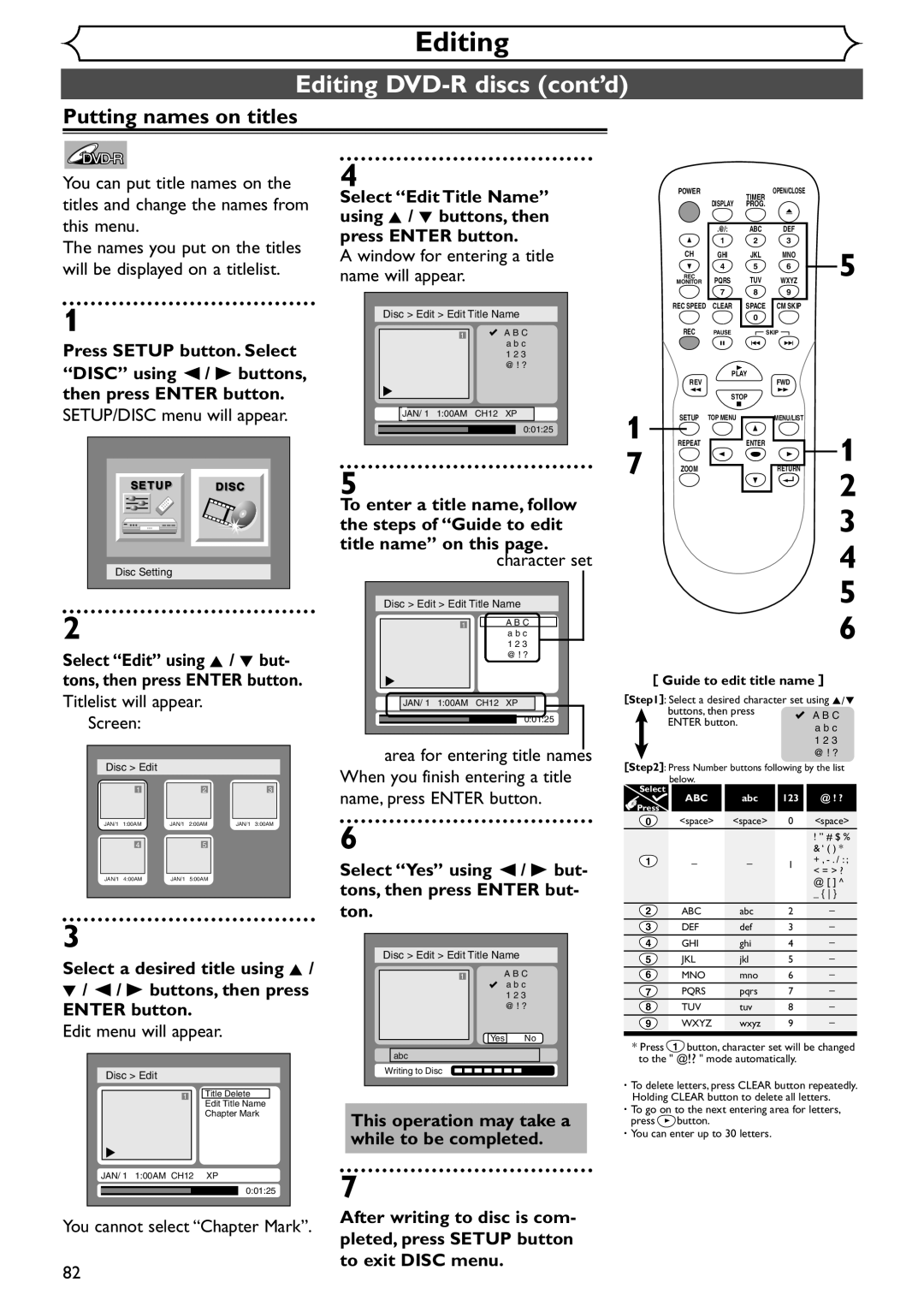 Emerson EWR10D4 owner manual Editing DVD-R discs cont’d, Select Edit Title Name using K / L buttons, then 