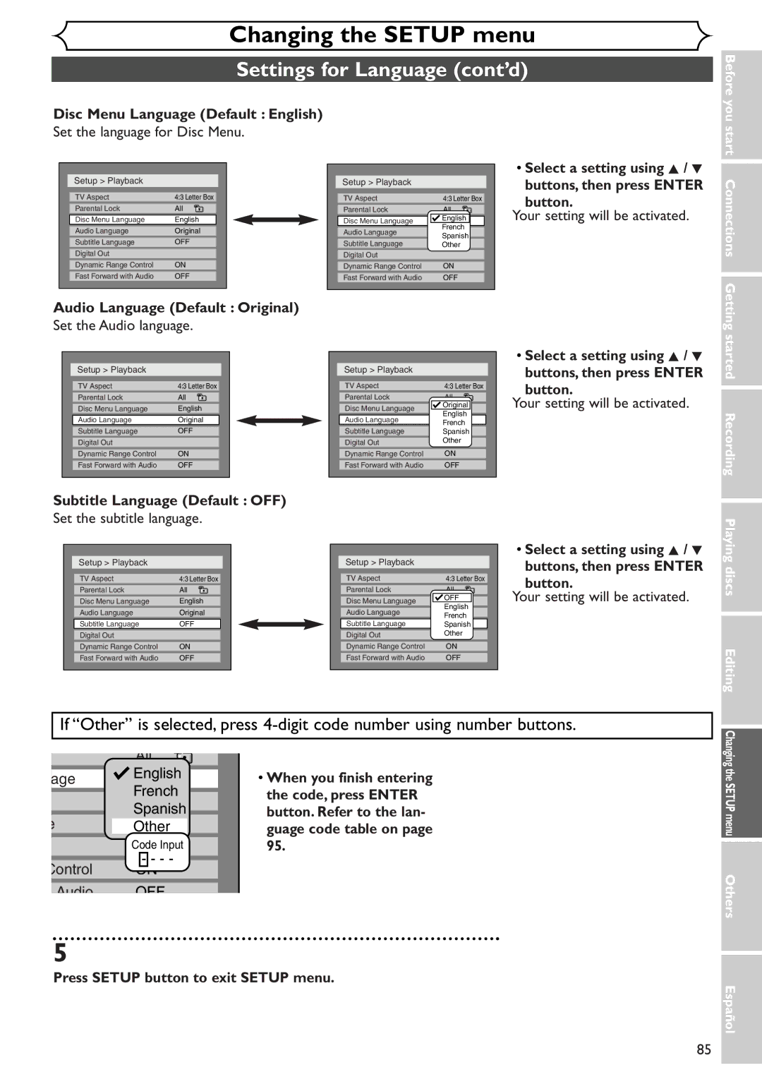 Emerson EWR10D4 owner manual Settings for Language cont’d 