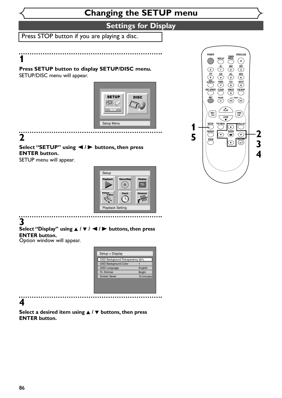 Emerson EWR10D4 owner manual Settings for Display, Setup Display 