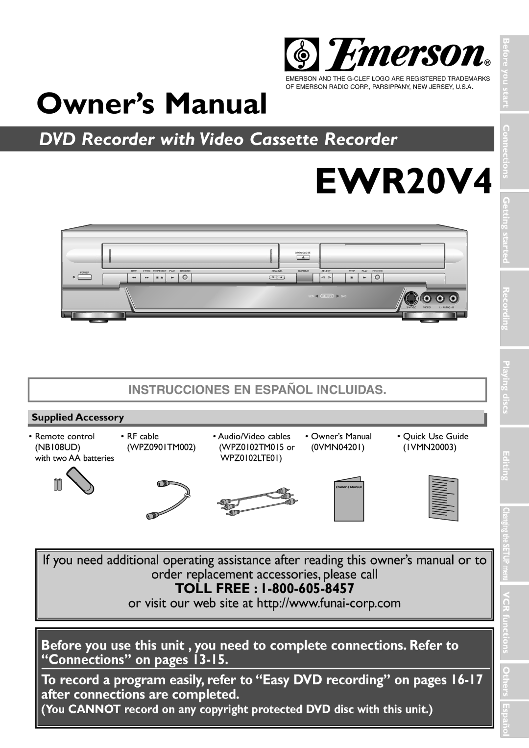 Emerson EWR20V4 owner manual Supplied Accessory, Menu VCR functions Others Español 