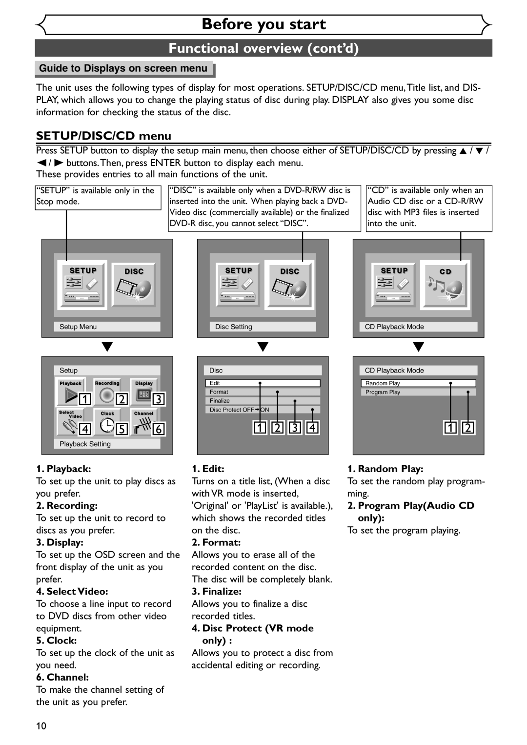 Emerson EWR20V4 owner manual SETUP/DISC/CD menu 