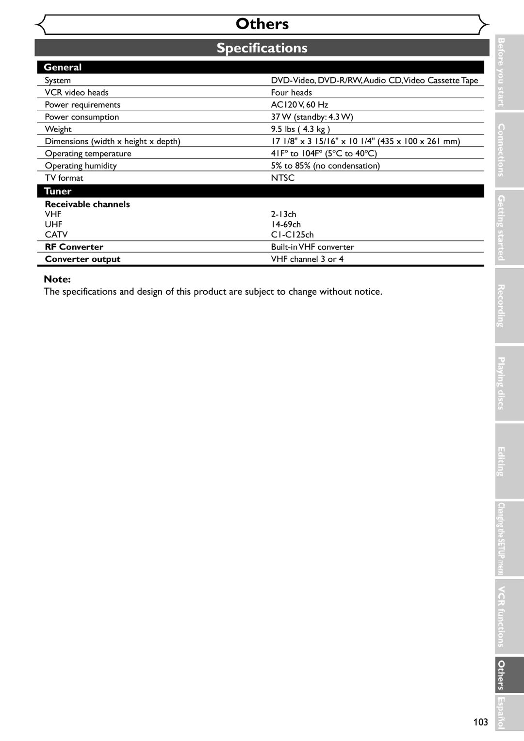 Emerson EWR20V4 owner manual Specifications, General 