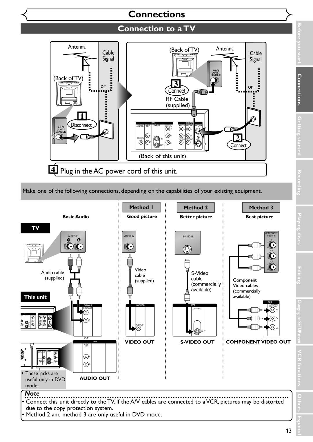 Emerson EWR20V4 owner manual Connections, Connection to a TV 