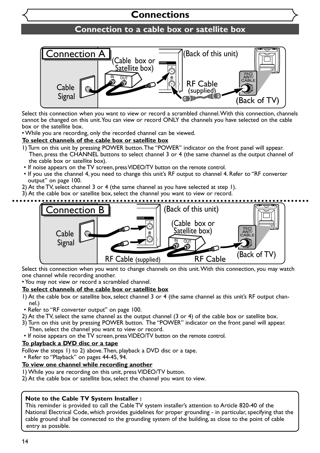 Emerson EWR20V4 Connection to a cable box or satellite box, Supplied, To select channels of the cable box or satellite box 