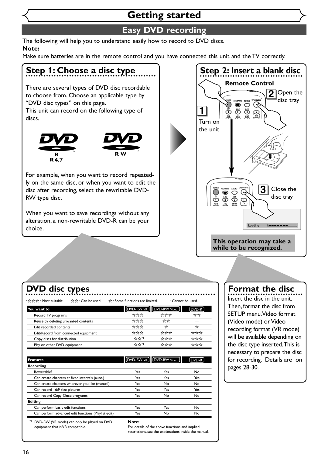 Emerson EWR20V4 owner manual Getting started, Easy DVD recording 