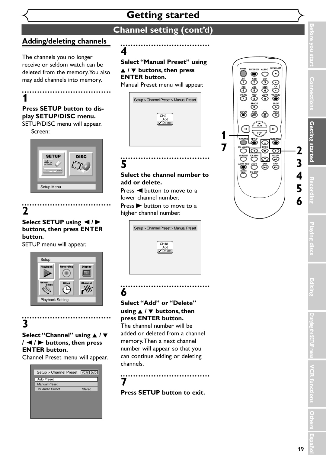 Emerson EWR20V4 owner manual Channel setting cont’d, Select Manual Preset using Buttons, then press Enter button 