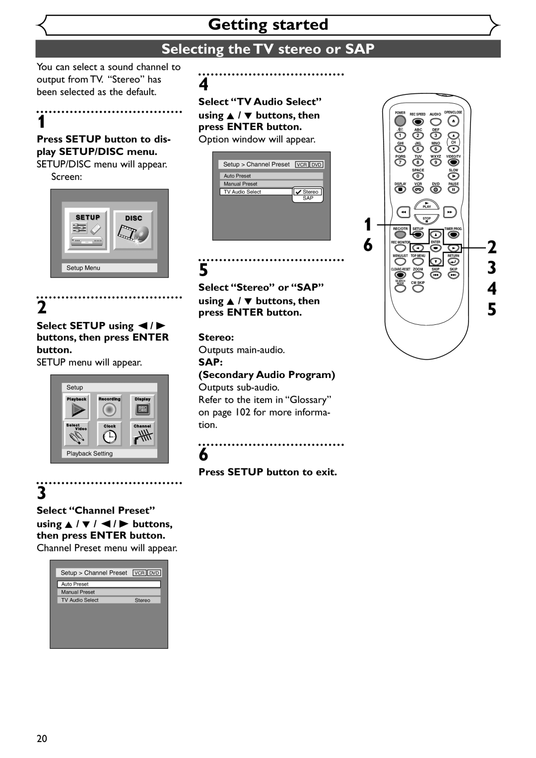 Emerson EWR20V4 Selecting the TV stereo or SAP, Option window will appear, Outputs main-audio, Secondary Audio Program 