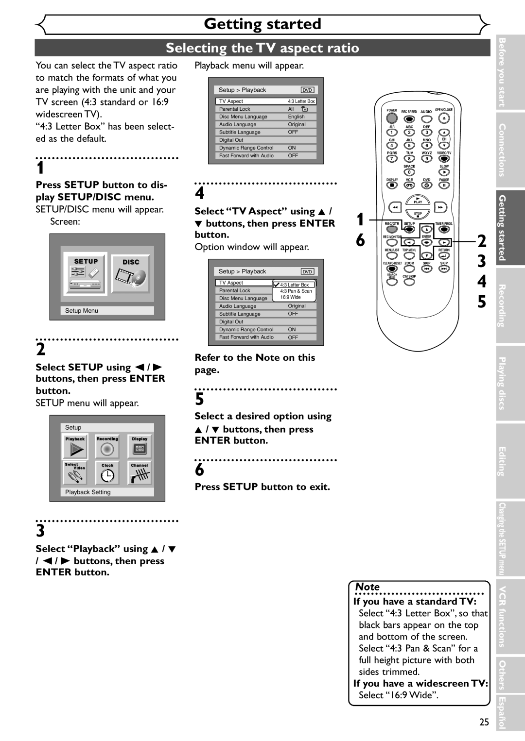 Emerson EWR20V4 owner manual Selecting the TV aspect ratio, Refer to the Note on this, If you have a standard TV 