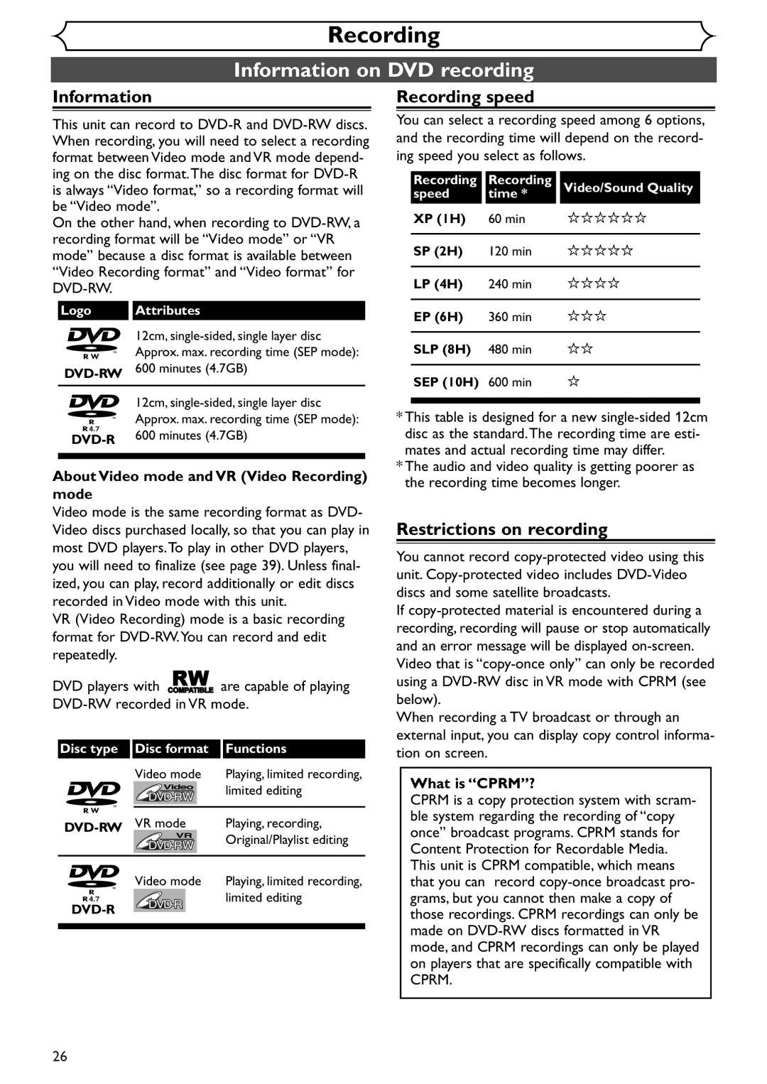 Emerson EWR20V4 owner manual Information on DVD recording, Recording speed, Restrictions on recording 