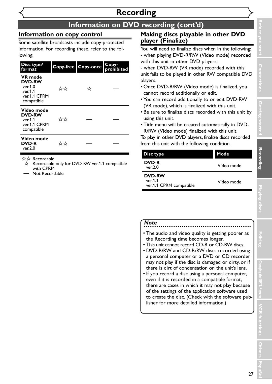 Emerson EWR20V4 owner manual Information on DVD recording cont’d, Information on copy control, Disc type Mode 