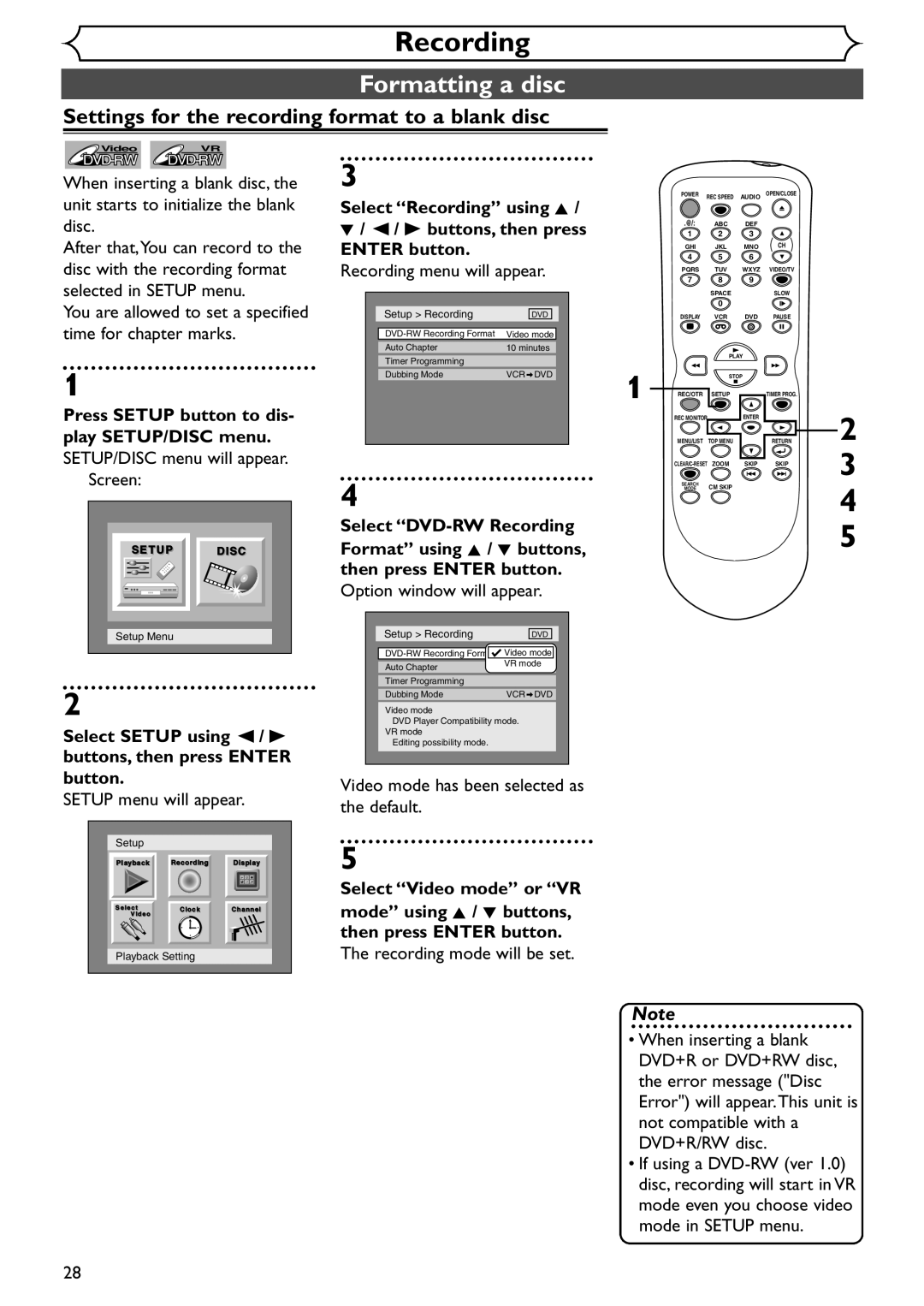 Emerson EWR20V4 Formatting a disc, Settings for the recording format to a blank disc, SETUP/DISC menu will appear Screen 