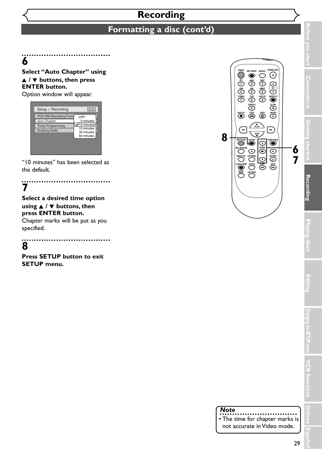 Emerson EWR20V4 owner manual Formatting a disc cont’d, Select Auto Chapter using, Minutes has been selected as, Default 