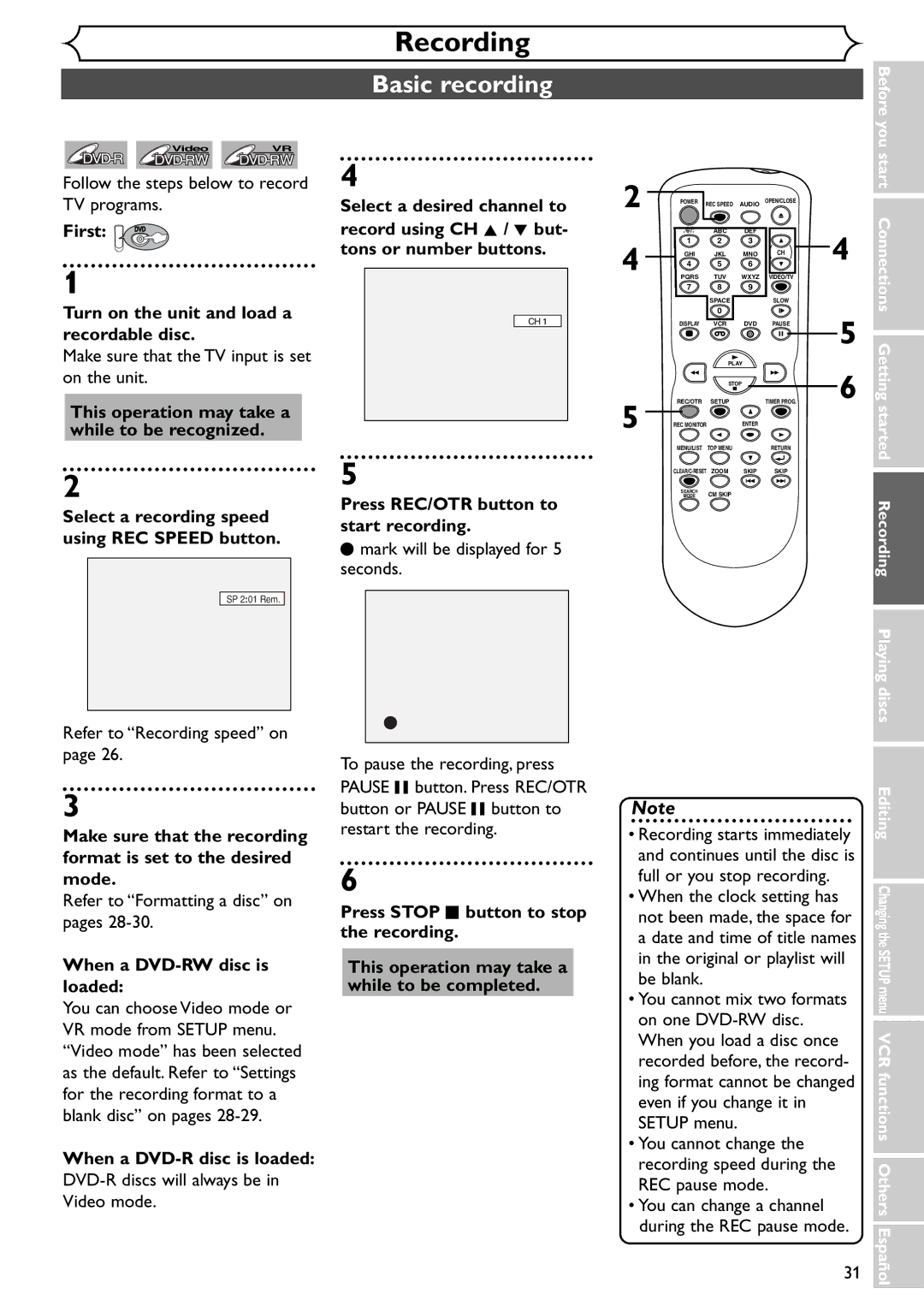 Emerson EWR20V4 owner manual Basic recording 