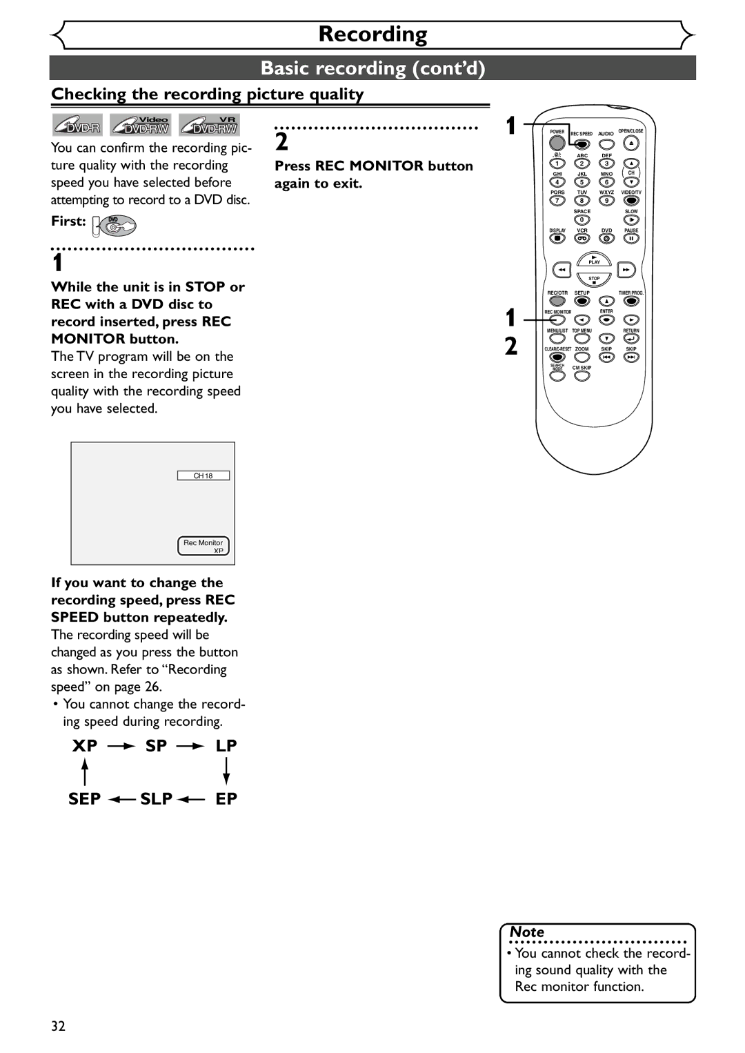 Emerson EWR20V4 owner manual Basic recording cont’d, Checking the recording picture quality, Xp Sp Lp 