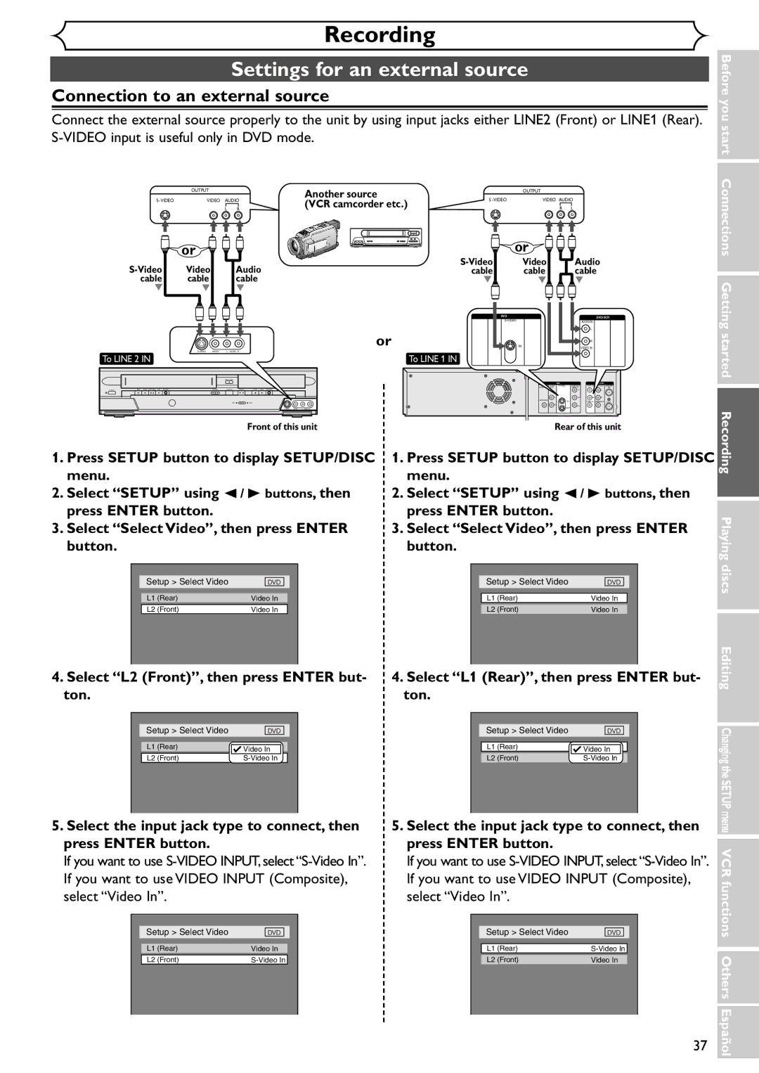 Emerson EWR20V4 owner manual Settings for an external source, Connection to an external source 