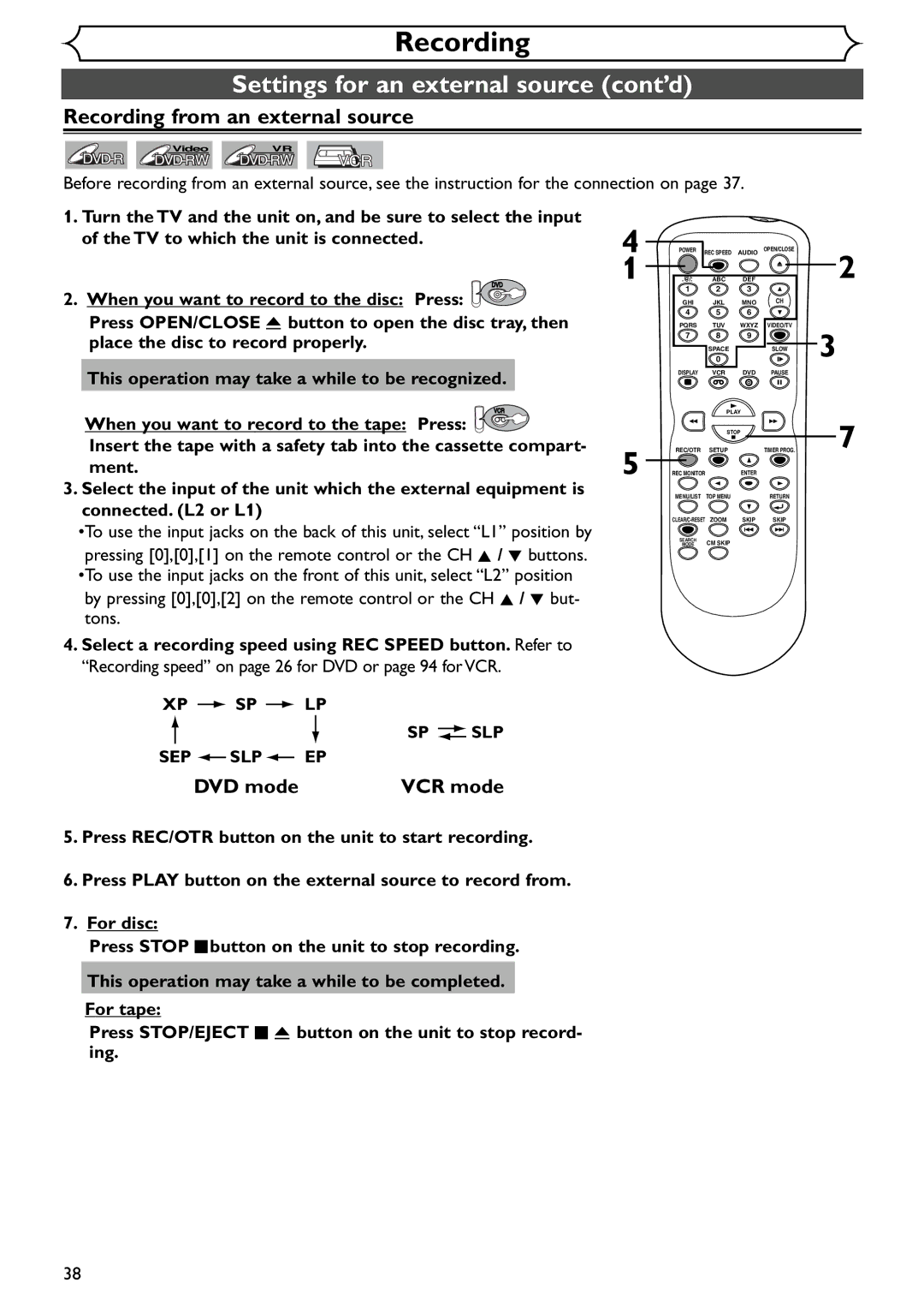 Emerson EWR20V4 owner manual Settings for an external source cont’d, Recording from an external source, Xp Sp Lp 