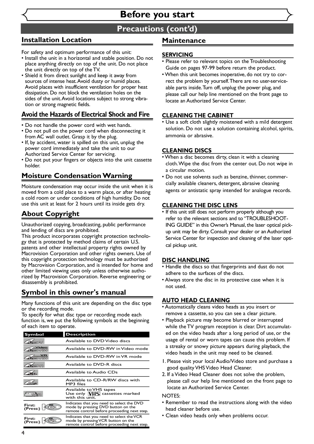 Emerson EWR20V4 owner manual Installation Location, Moisture Condensation Warning, About Copyright, Maintenance 