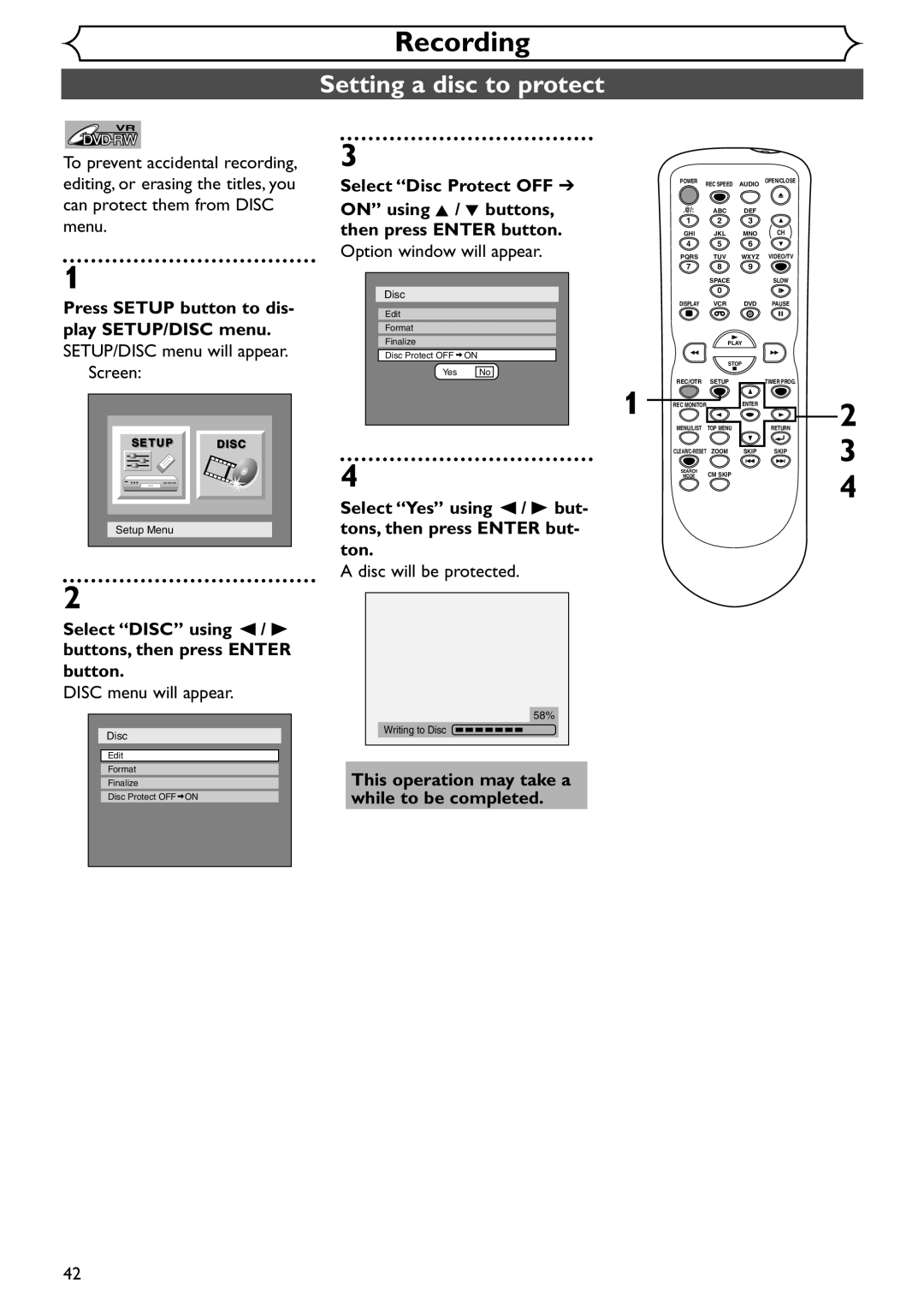 Emerson EWR20V4 owner manual Setting a disc to protect, Disc will be protected, 58% Writing to Disc 