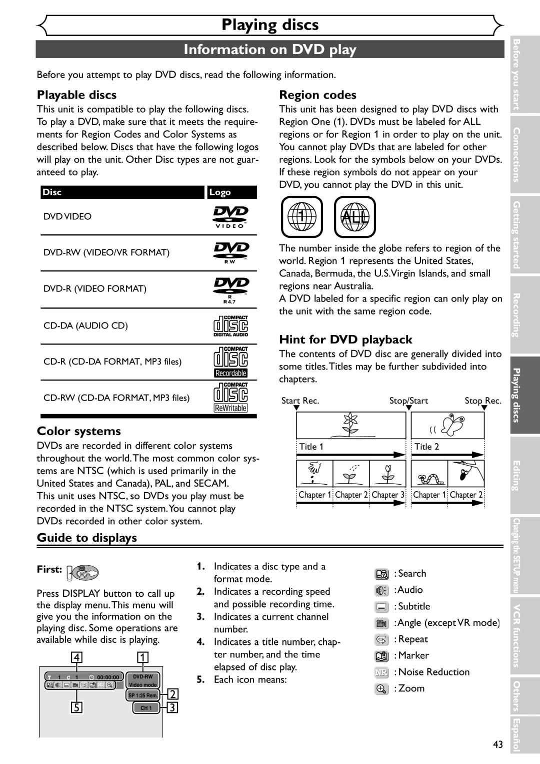 Emerson EWR20V4 owner manual Playing discs, Information on DVD play 