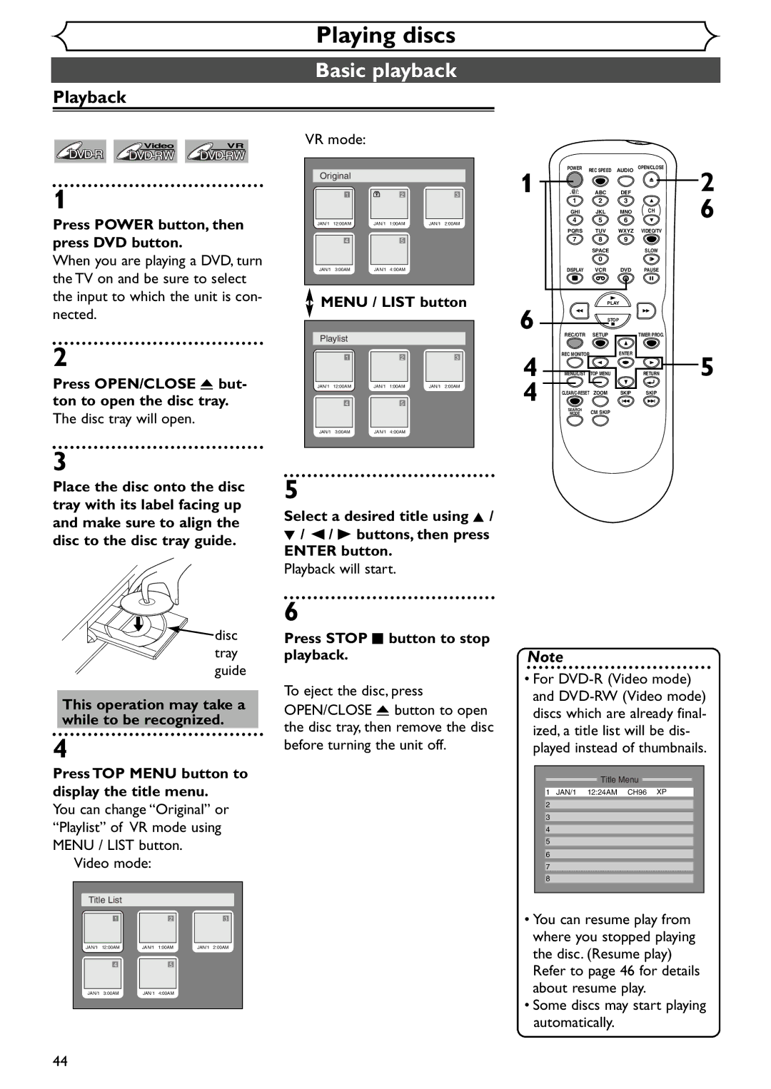 Emerson EWR20V4 owner manual Basic playback, Playback 