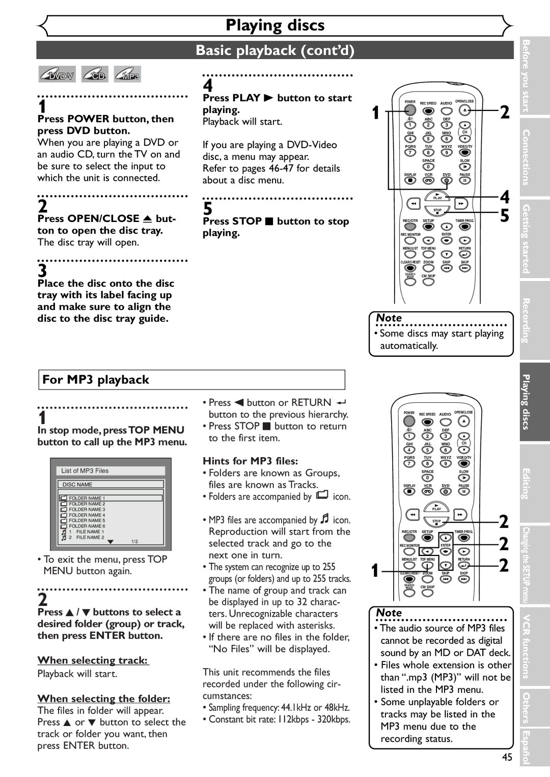 Emerson EWR20V4 owner manual Basic playback cont’d, For MP3 playback 