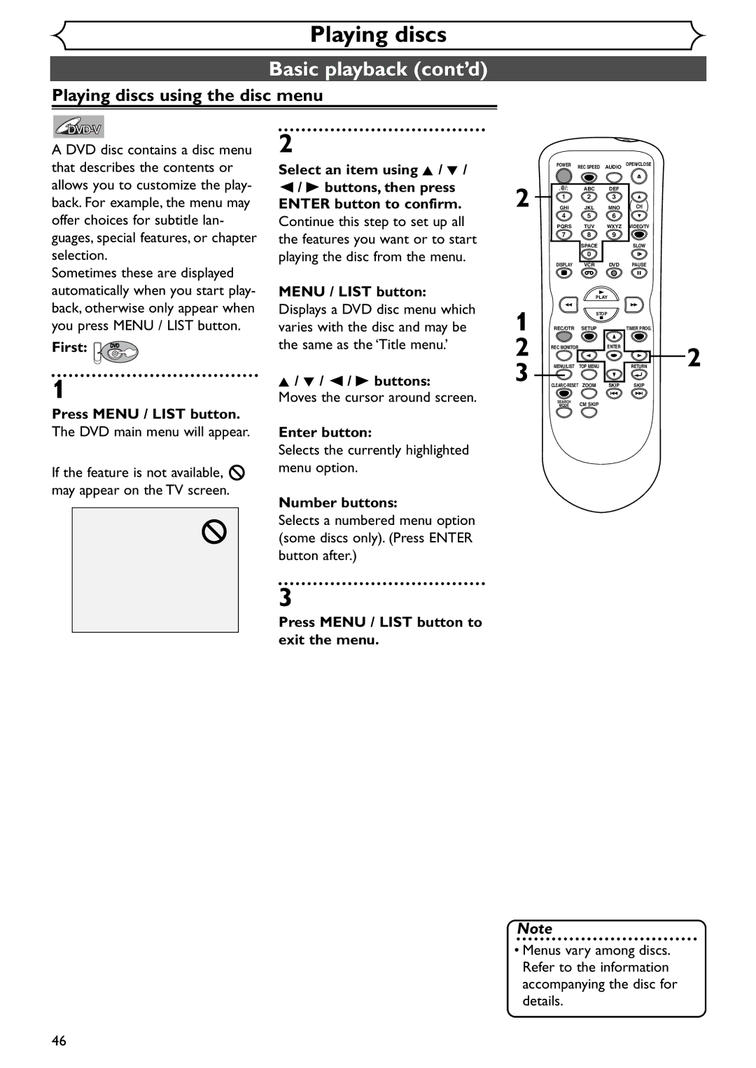 Emerson EWR20V4 owner manual Playing discs using the disc menu 