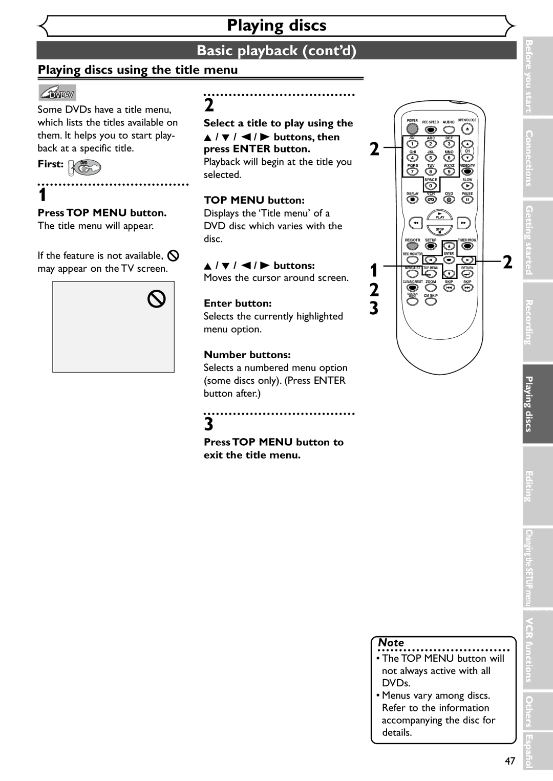 Emerson EWR20V4 owner manual Playing discs using the title menu, First DVD Press TOP Menu button 