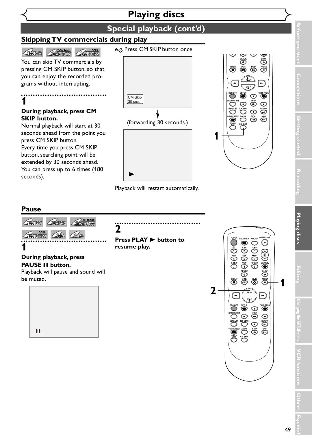 Emerson EWR20V4 Special playback cont’d, Skipping TV commercials during play, Pause, During playback, press CM Skip button 