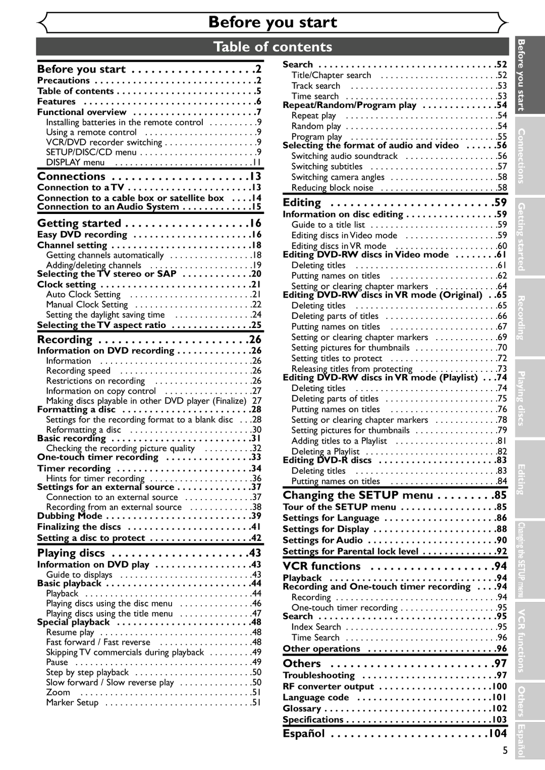 Emerson EWR20V4 owner manual Table of contents 