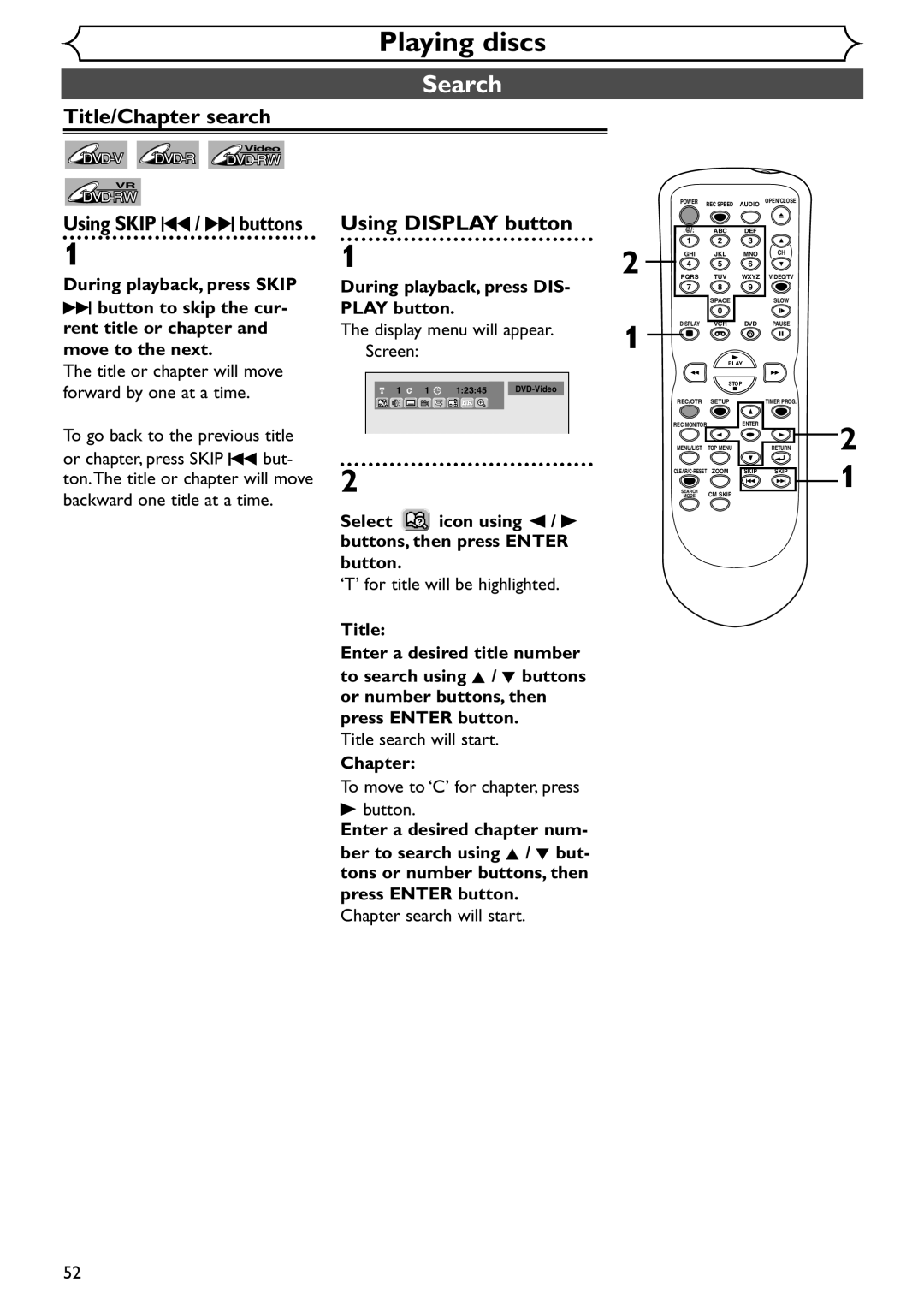 Emerson EWR20V4 owner manual Search, Title/Chapter search, Using Skip H / G buttons, Using Display button 