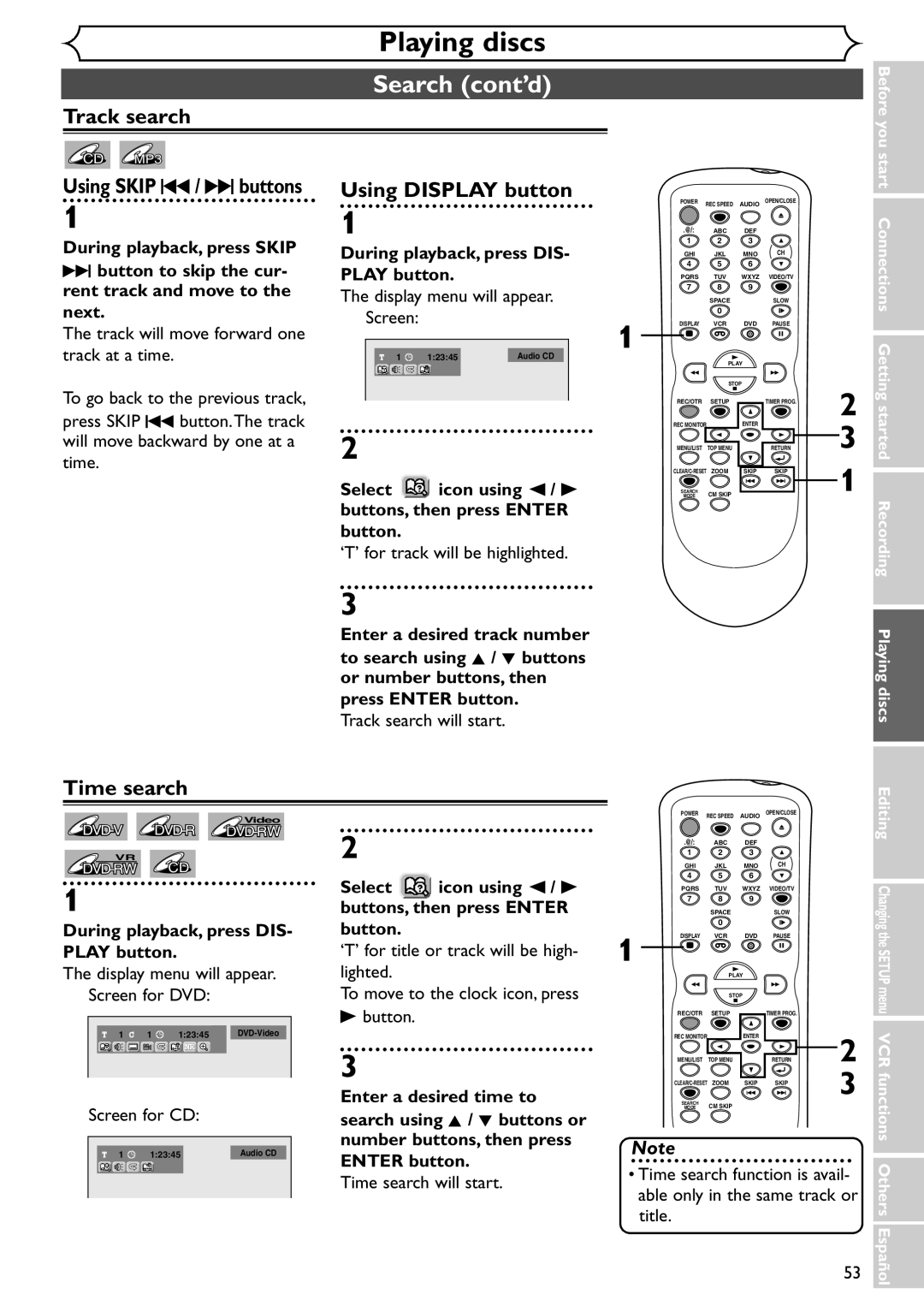 Emerson EWR20V4 owner manual Search cont’d, Track search, Time search, Able only in the same track or, Title 